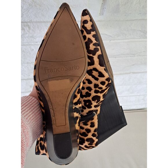 Franco Sarto Athens2 Leopard Calf Hair Pointed Toe Ankle Booties Wedge 9M Animal - Picture 4 of 7
